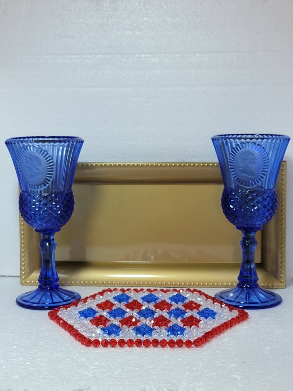 Cobalt Blue George & Martha Washington Goblets and Red White Blue Beaded Trivet